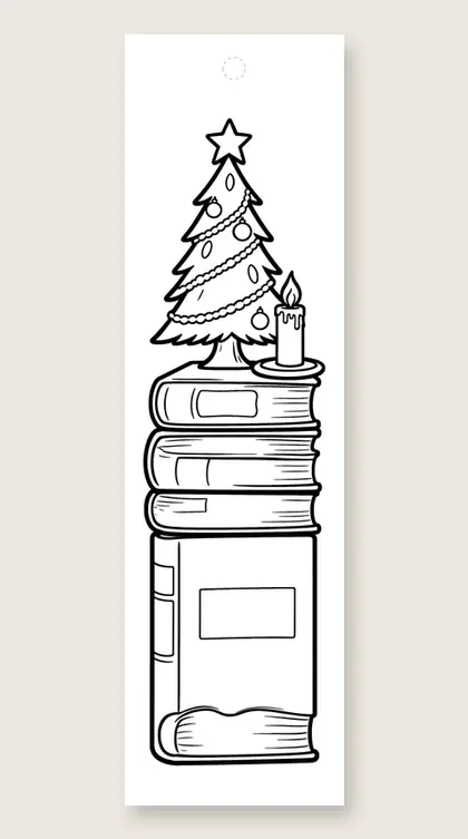 Books topped with a tree: Christmas tree coloring bookmark