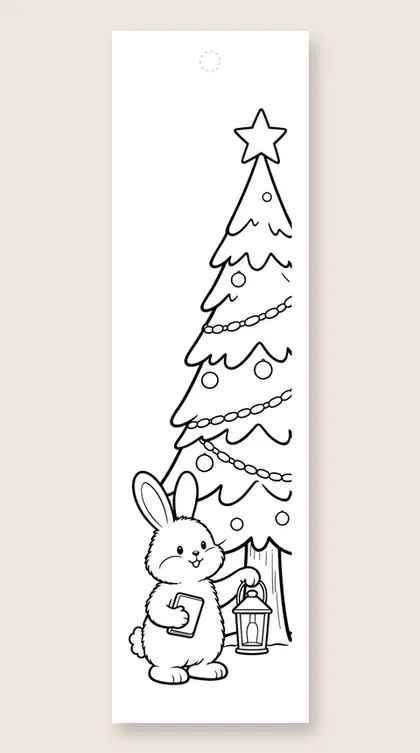 Rabbit with lantern and book: Christmas tree coloring bookmark