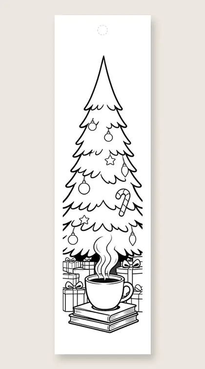 Cocoa and books: Christmas tree coloring bookmark