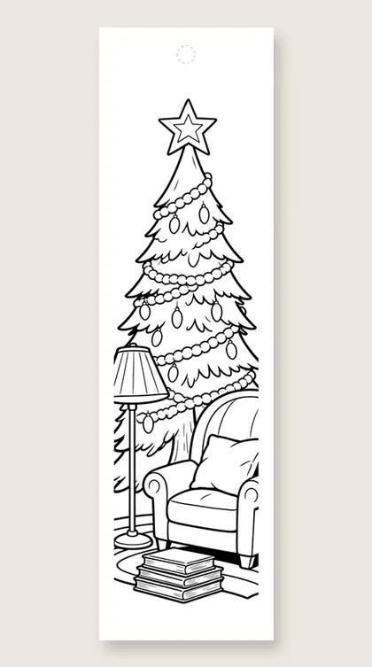 Lamp, chair and tree: Christmas tree coloring bookmark