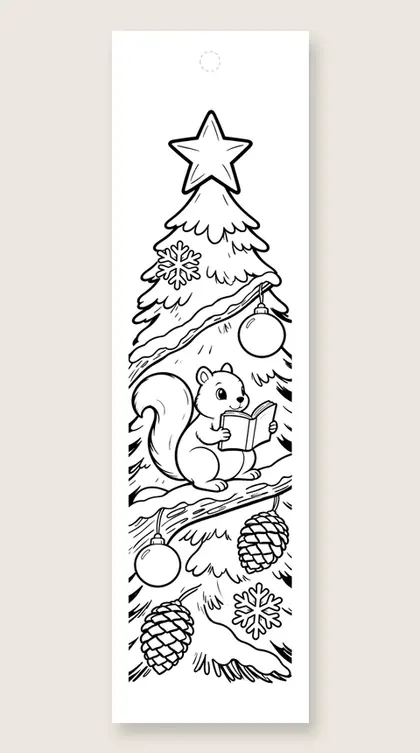 Squirrel reading in a pine: Christmas tree coloring bookmark