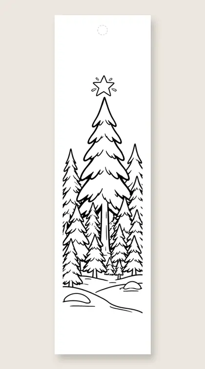 Tall forest tree in snow: Christmas tree coloring bookmark
