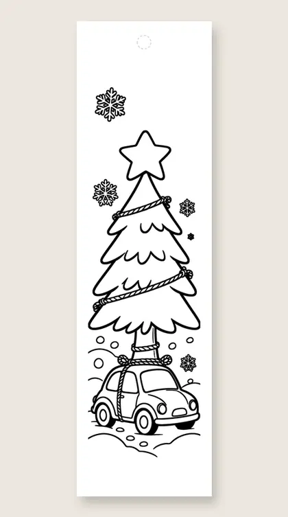 Tree on a car roof: Christmas tree coloring bookmark