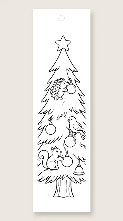 Animals decorate the tree: Christmas tree coloring bookmark