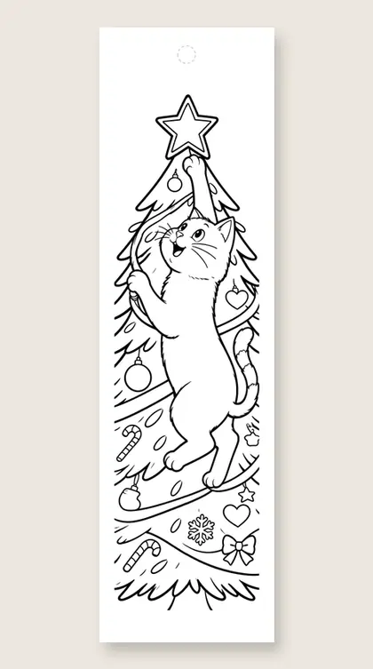 Cat climbing the tree: Christmas tree coloring bookmark