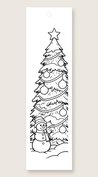 Snowman and snowy tree: Christmas tree coloring bookmark