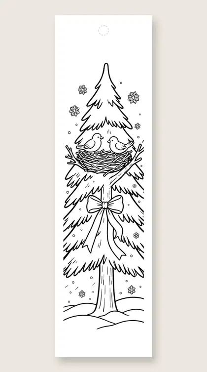 Birds in a fir tree: Christmas tree coloring bookmark