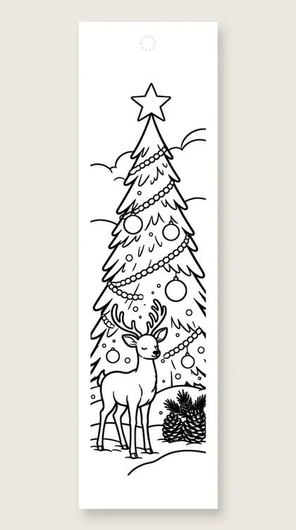 Deer by the tree: Christmas tree coloring bookmark