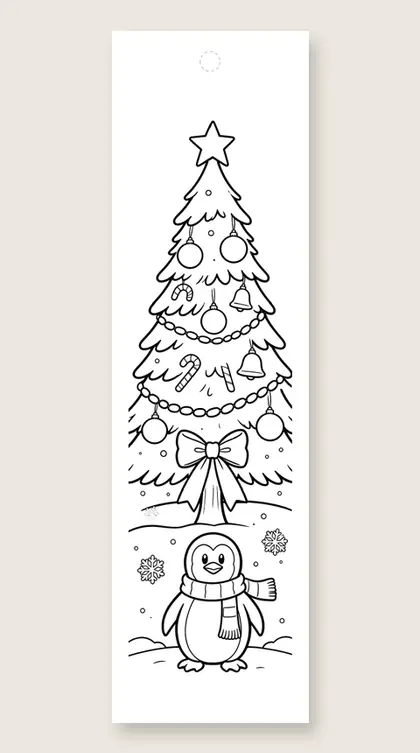 Penguin under the tree: Christmas tree coloring bookmark