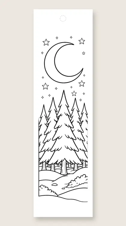 Trees under moonlight: Christmas tree coloring bookmark