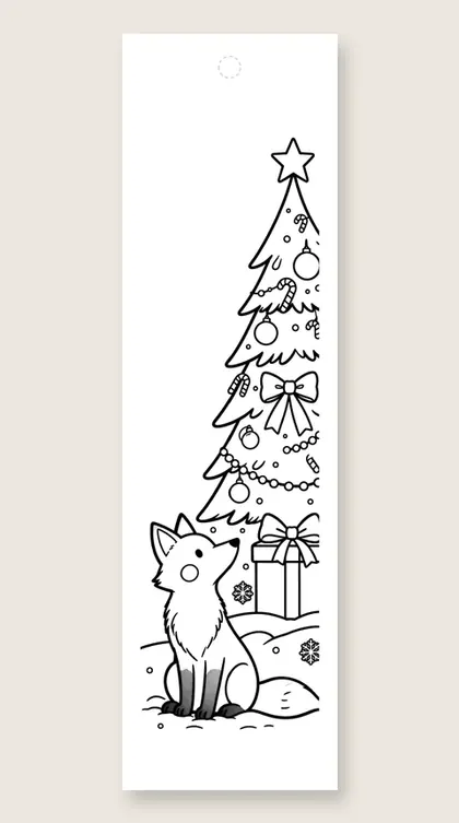Fox looking at the tree: Christmas tree coloring bookmark