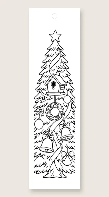 Tree with bells and wreath: Christmas tree coloring bookmark