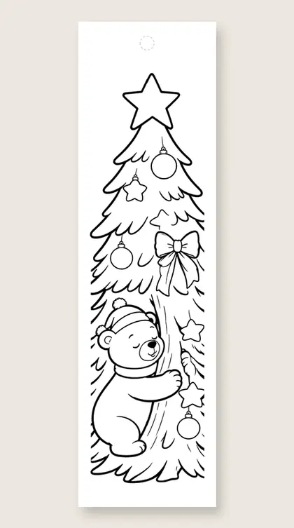 Bear hugging the tree: Christmas tree coloring bookmark