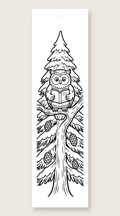 Owl reading in a fir: coloring bookmark