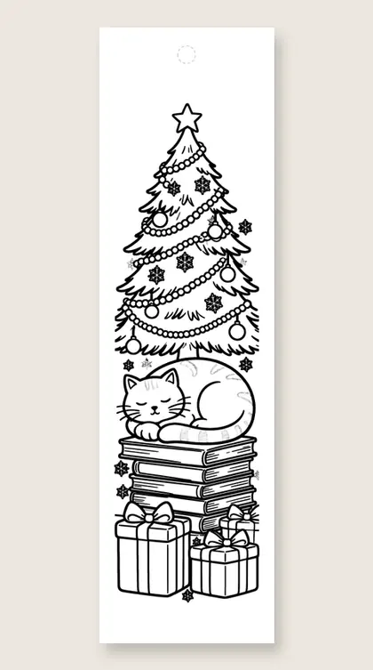 Cat on the book pile: coloring bookmark