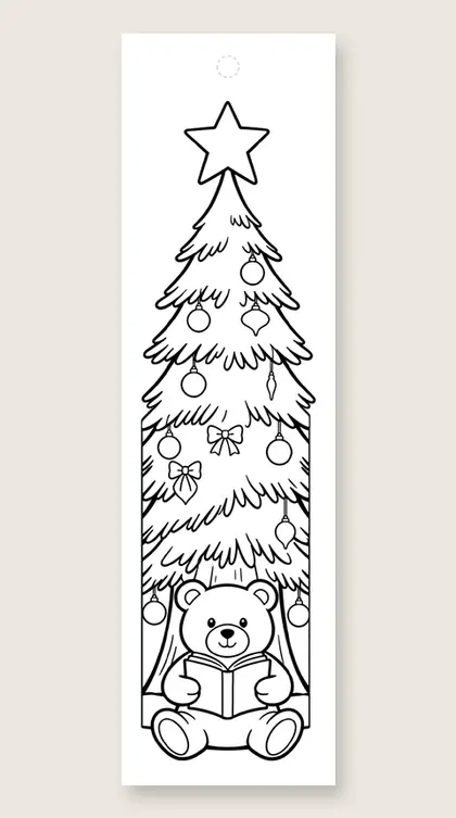 Bear reading by the tree: coloring bookmark