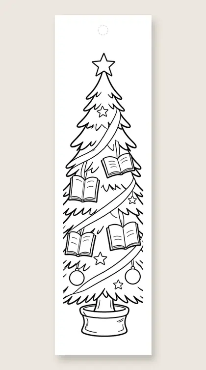 Tree with book ornaments: coloring bookmark