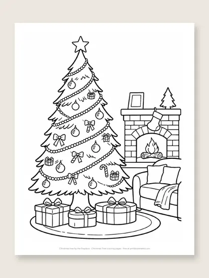 Christmas tree by the fireplace: Christmas tree coloring page