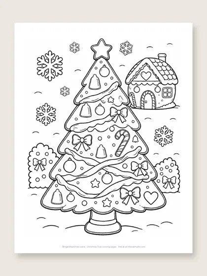 Gingerbread tree scene: Christmas tree coloring page
