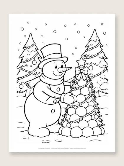 Snowman and trees: snowman coloring page