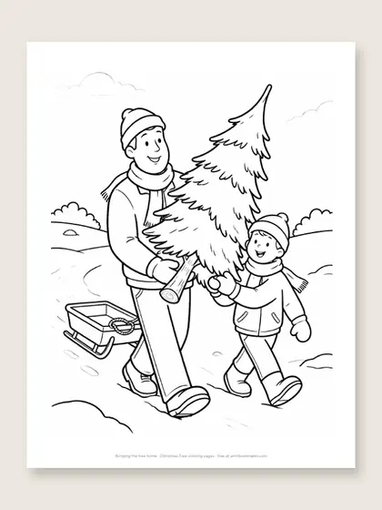 Bringing the tree home: Christmas tree coloring page