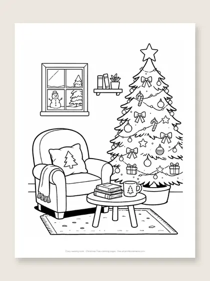 Cozy reading nook: Christmas tree coloring page