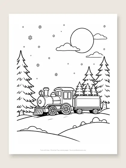 Train with trees: Christmas tree coloring page
