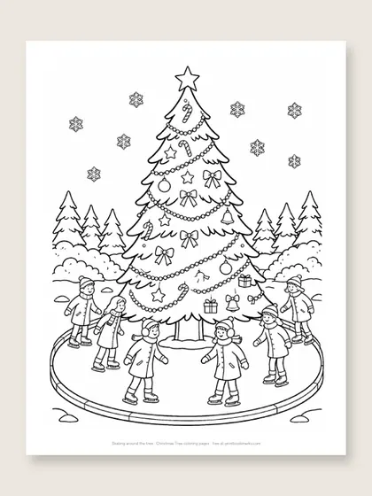 Skating around the tree: Christmas tree coloring page