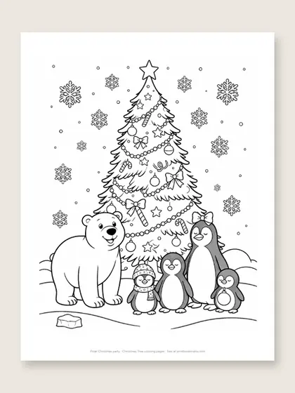 Polar Christmas party: Christmas tree coloring page