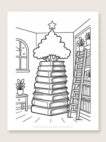 Book tree in library: Christmas tree coloring page