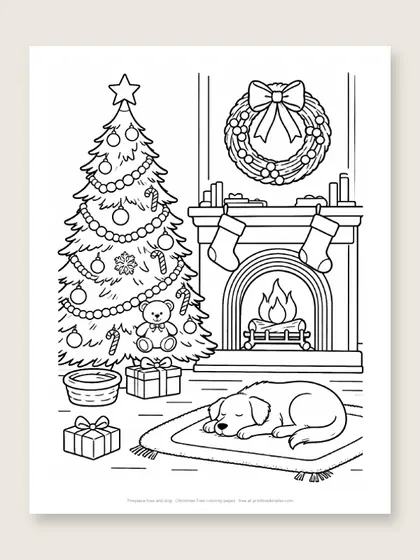 Fireplace tree and dog: Christmas tree coloring page