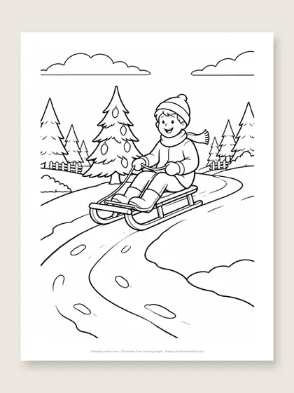Sledding with a tree: Christmas tree coloring page