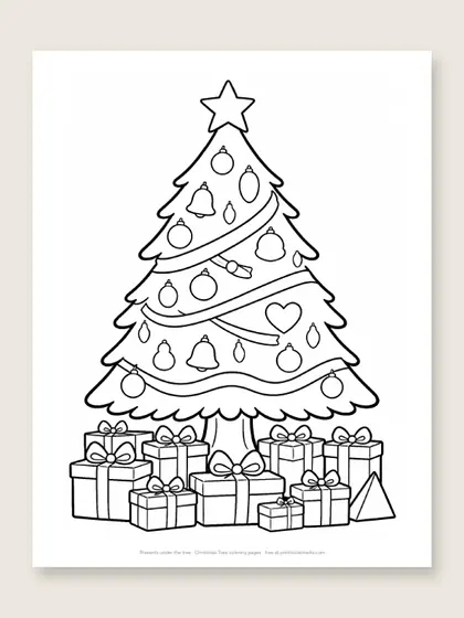 Presents under the tree: Christmas tree coloring page