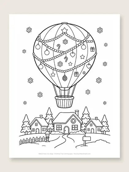 Balloon tree over village: Christmas tree coloring page