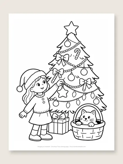 Hanging an ornament: Christmas tree coloring page