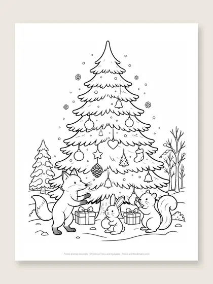 Forest animals decorate: Christmas tree coloring page