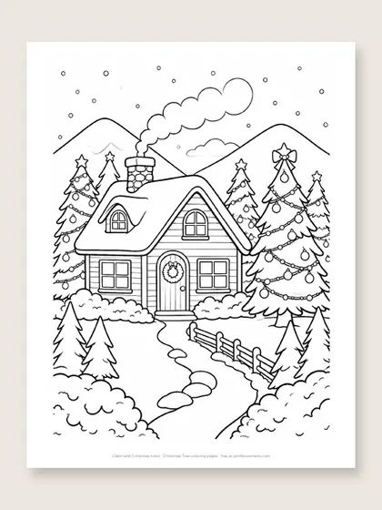 Cabin and Christmas trees: Christmas tree coloring page