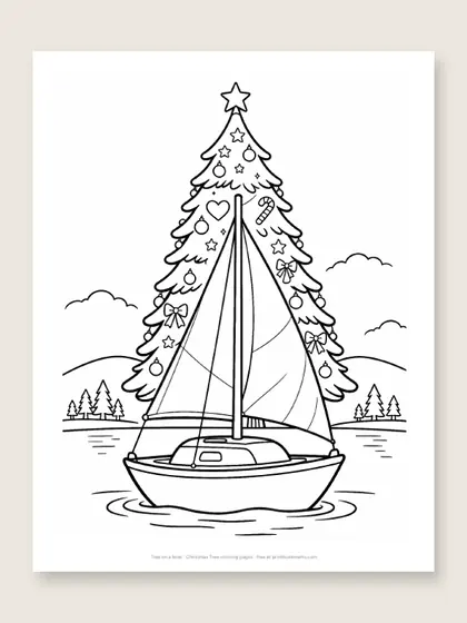 Tree on a boat: Christmas tree coloring page