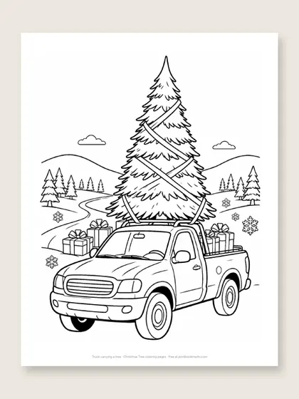 Truck carrying a tree: Christmas tree coloring page