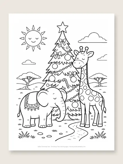 Safari Christmas tree: Christmas tree coloring page