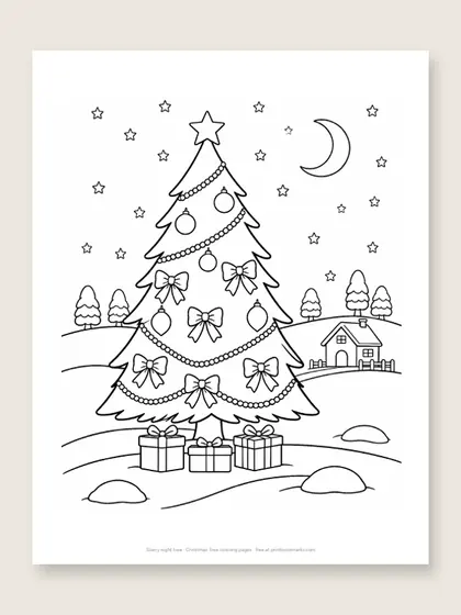 Starry night tree: Christmas tree coloring page