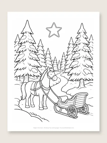 Sleigh in the forest: Christmas tree coloring page