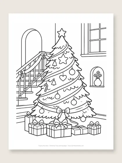 Tree by the stairs: Christmas tree coloring page