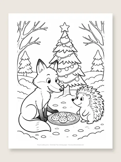 Forest cookie picnic: Christmas tree coloring page