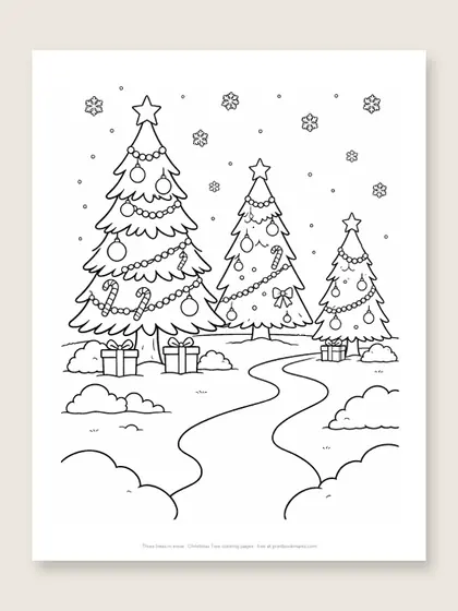Three trees in snow: Christmas tree coloring page