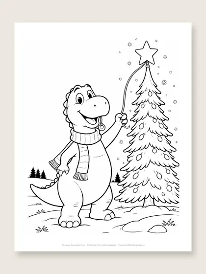 Dinosaur decorates tree: Christmas tree coloring page