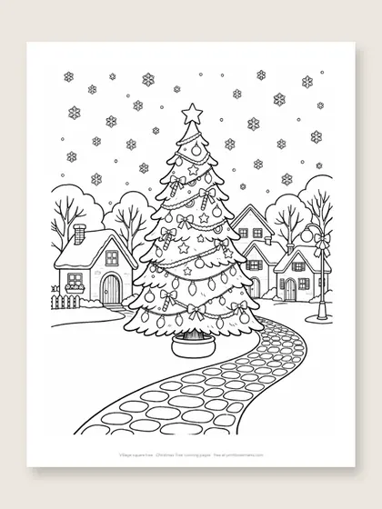 Village square tree: Christmas tree coloring page