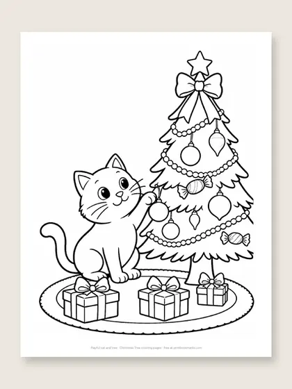 Playful cat and tree: Christmas tree coloring page