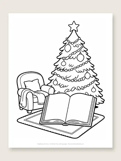 Reading by the tree: Christmas tree coloring page