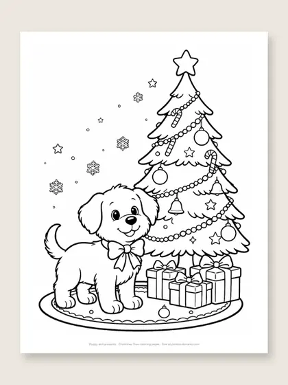 Puppy and presents: Christmas tree coloring page